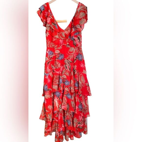 WAYF Chelsea Tiered Ruffle Maxi Dress Red Tropical Flutter Sleeves Floral NEW 1X - Picture 6 of 16